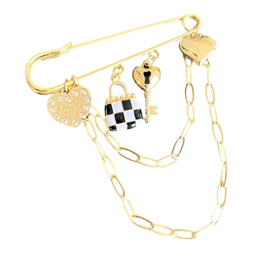 Gold Tone Charm Dangle Safety Pin Brooch 2.75" Rhinestone Enamel Purse Key Heart